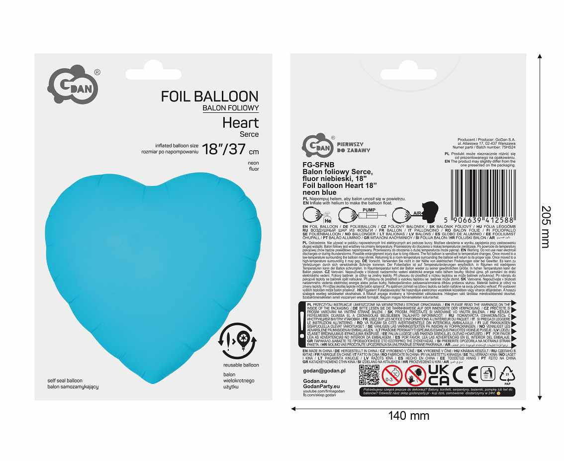 Foil balloon Heart 18“ neon blue